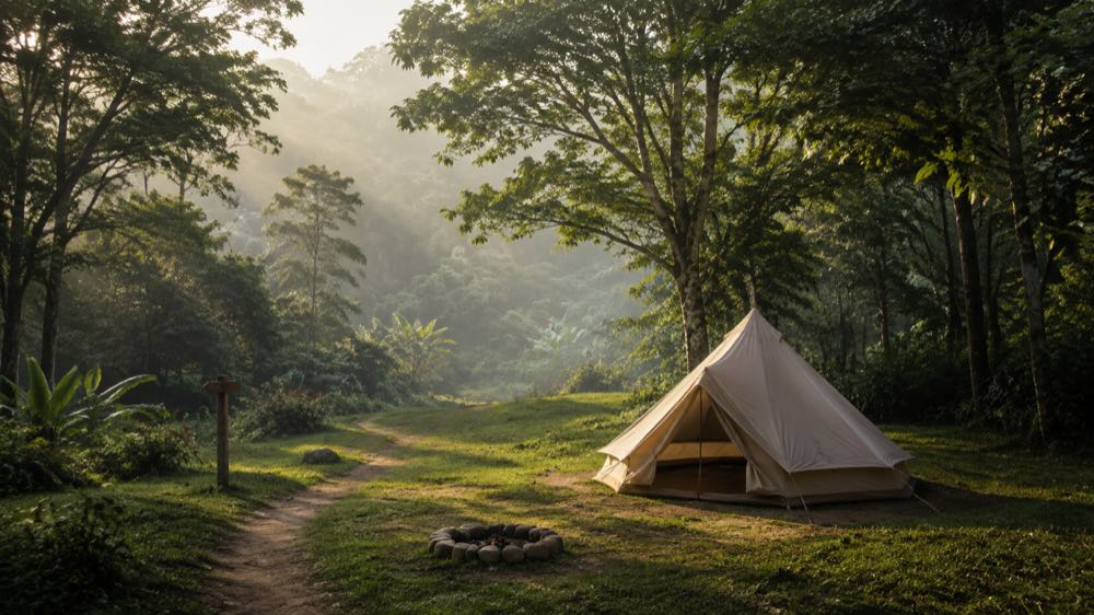 Tapak berkemah Lokaphala di pagi hari — tenda kanvas, jalur setapak, dan hutan di sekelilingnya